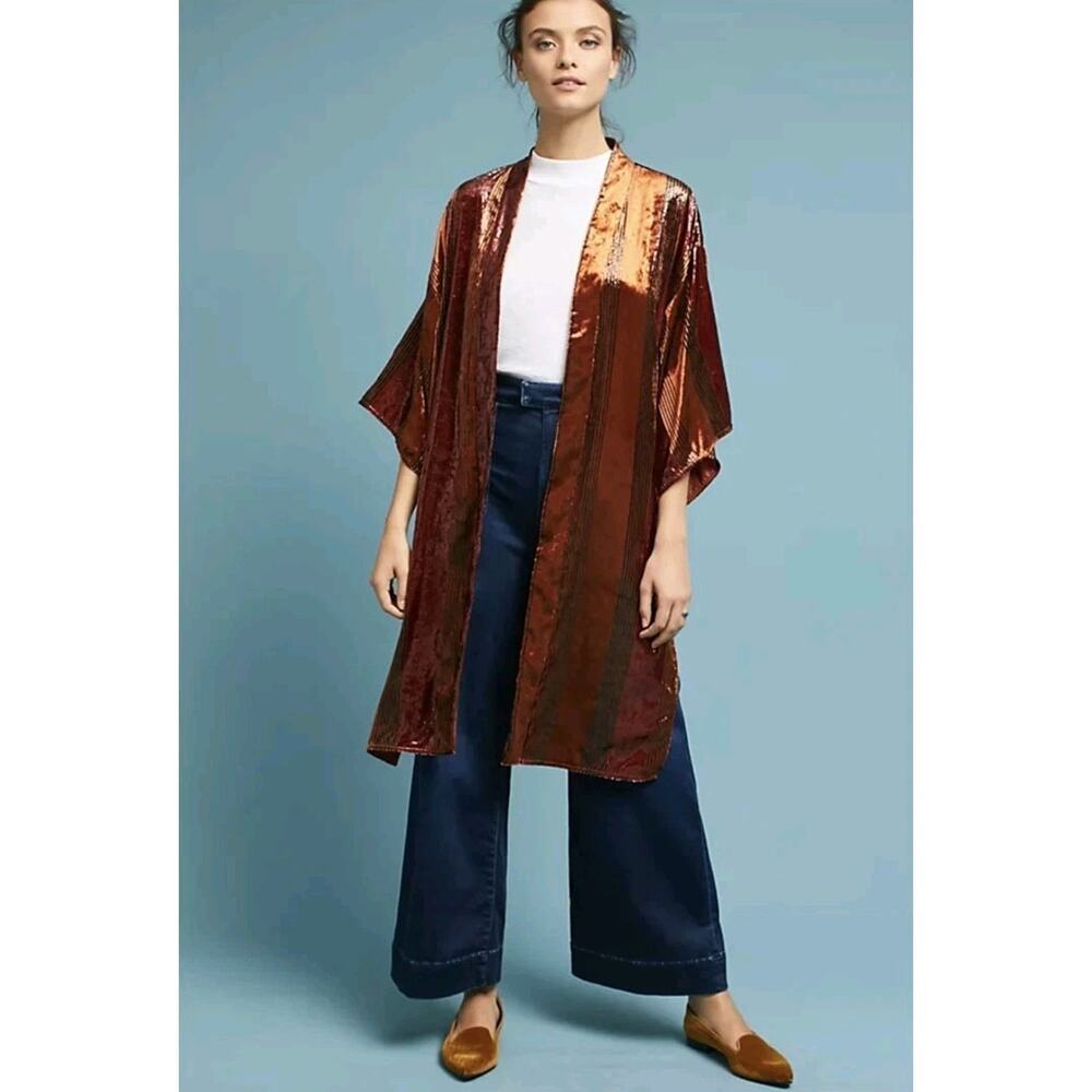 Anthropologie Ett Twa Bronze Long Line Velvet Kimono Sparkly Jacket Size M/L